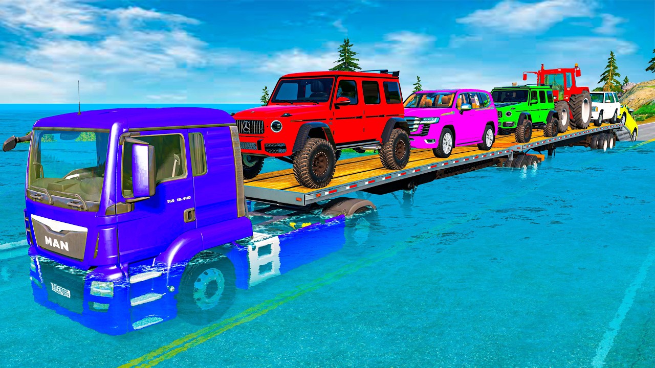 Five Flatbed Trailer McQueen Transportation with Truck - Speedbumps vs Cars vs Train - BeamNG #1