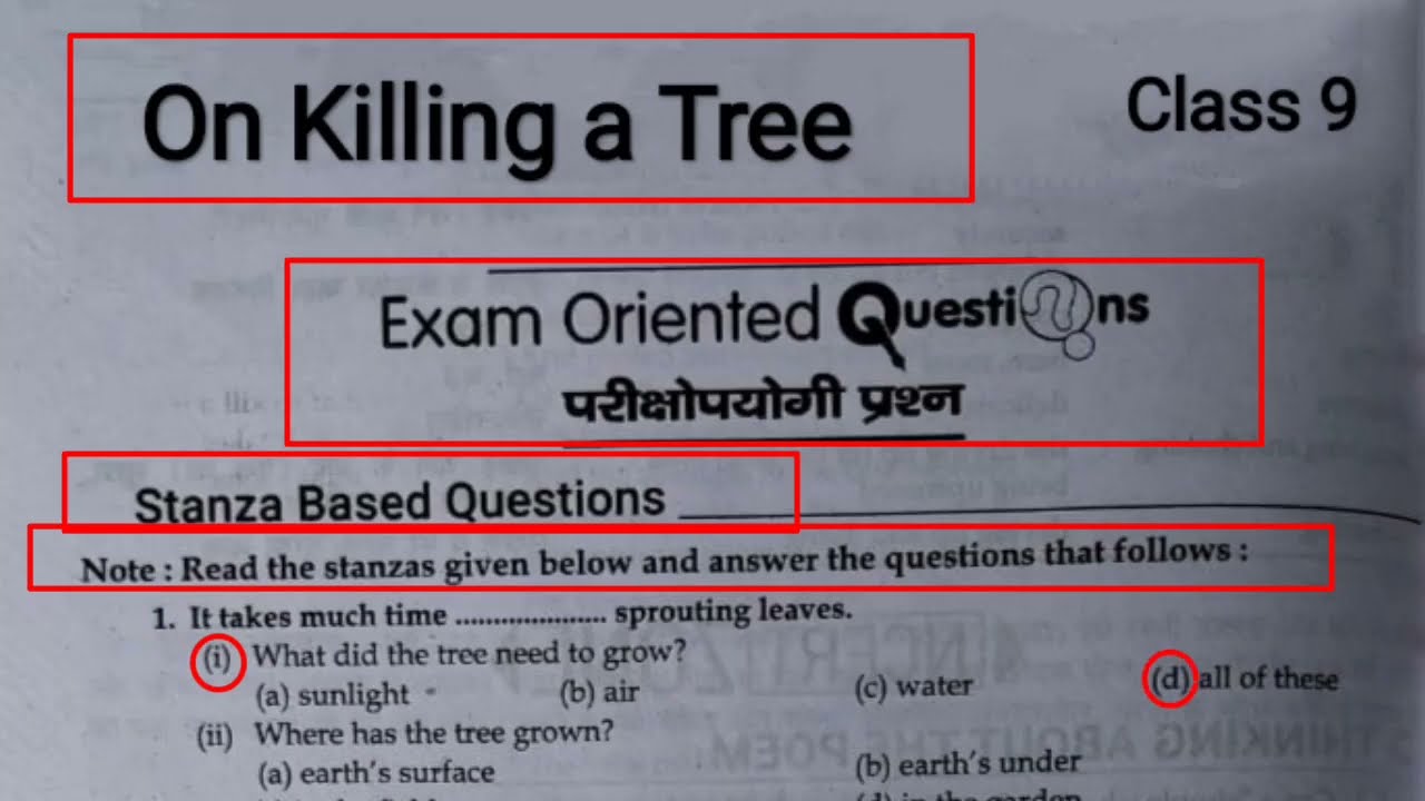 On killing a Tree Mcq || On killing a Tree Stanza Based Questions || Class 9 On Killing a Tree ||