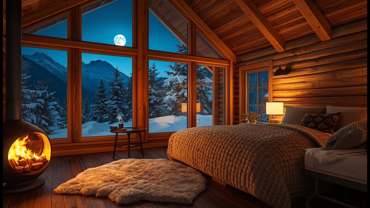 Heavy Blizzard Outside Cozy Cabin • Warm Fireplace Sounds & Snowy ...