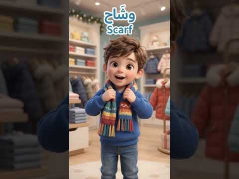 learn 3 winter clothing words in Arabic with Adam:سُتْرَة /Jacketوِشَاح /Scarf/كَنْزَة  Sweater