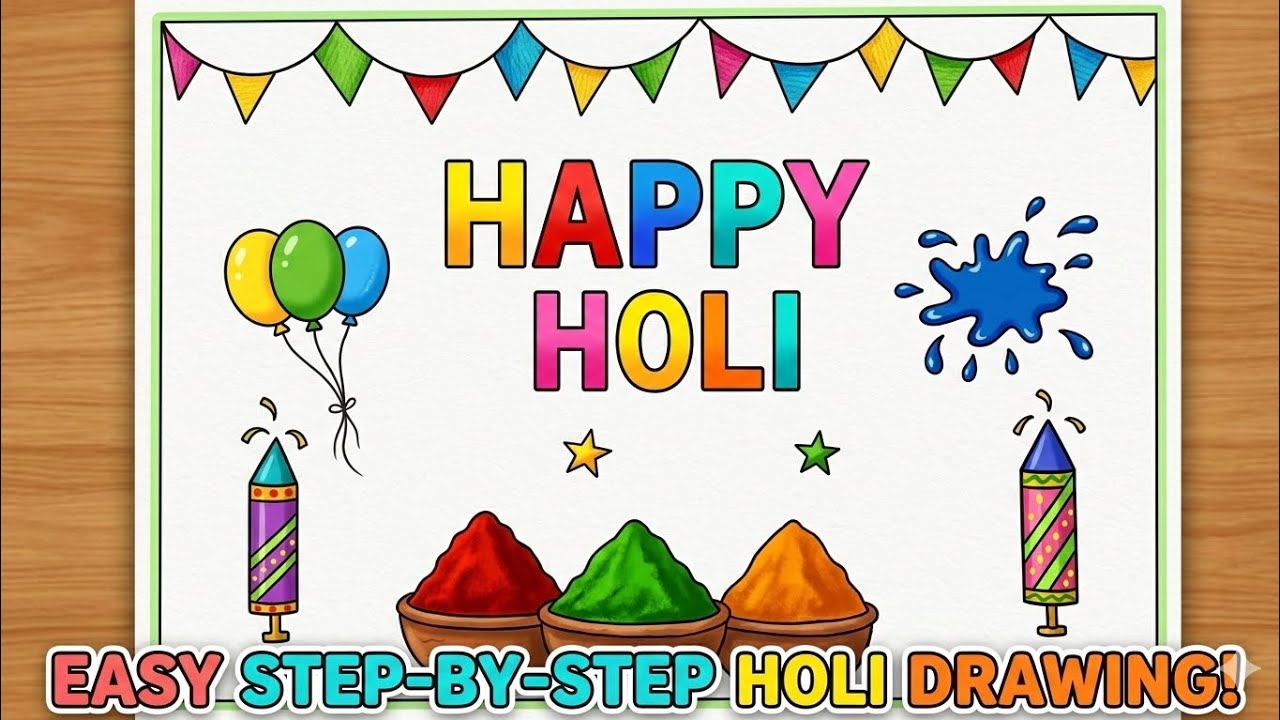 Holi Drawing Easy l How to Draw Holi Gulal and Balloons