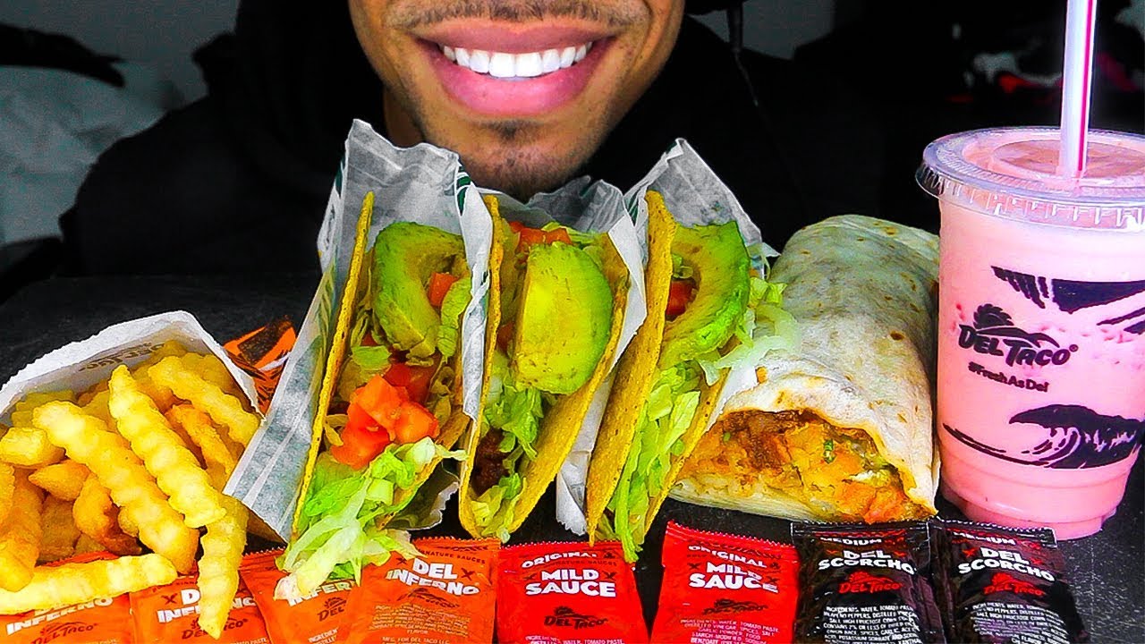 ASMR DEL TACO FRESH AVOCADO BEYOND MEAT VEGAN MUKBANG STRAWBERRY MILKSHAKE FRIES CALI BURRITO JERRY