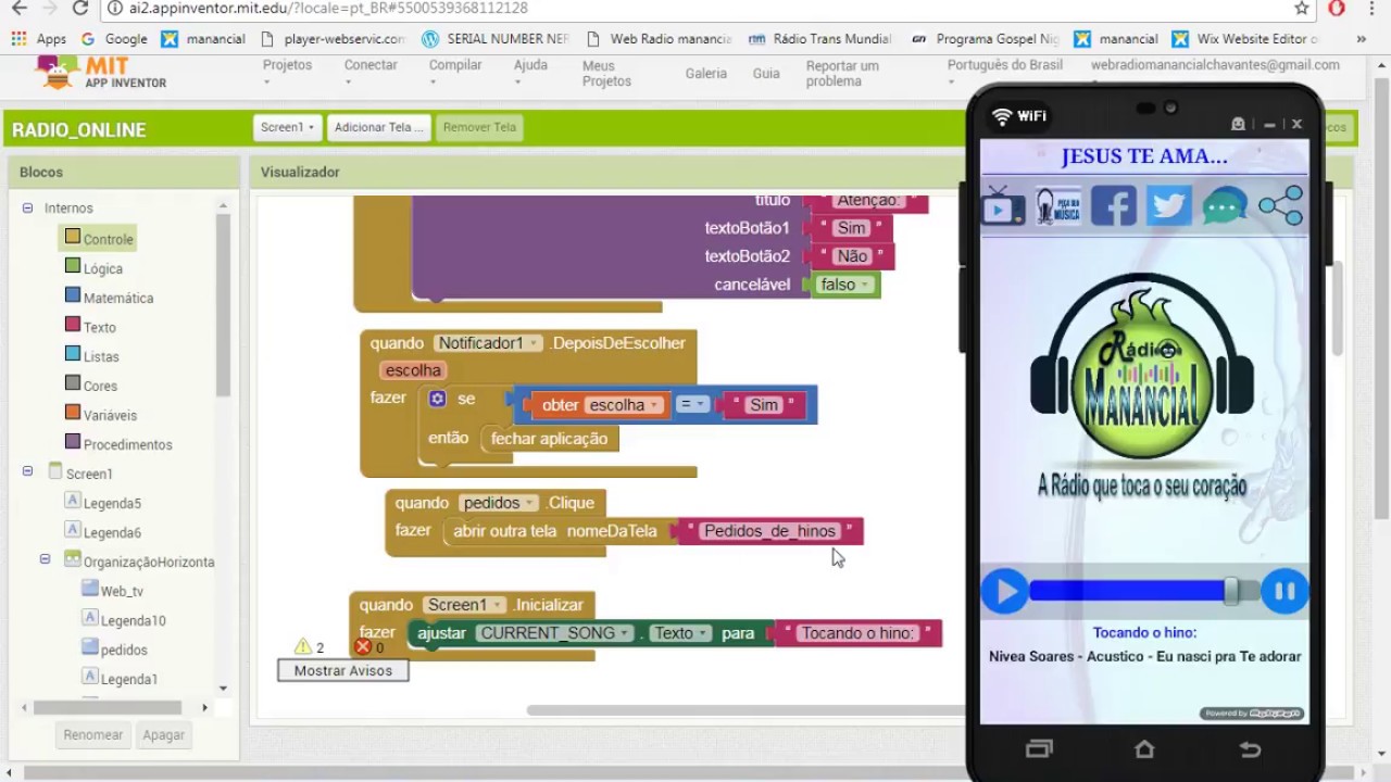 como criar aplicativo para Web Rádio completo no App Inventor 2 #2...botão "peça sua música"