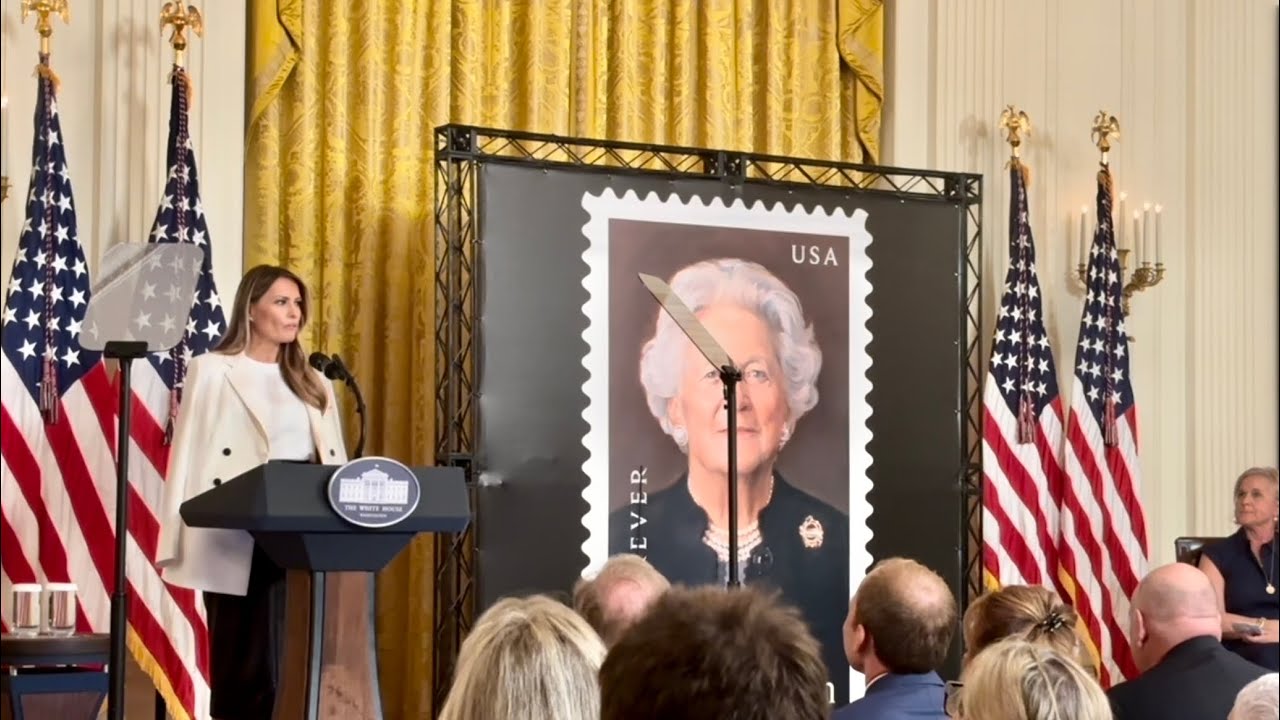 First Lady Melania Trump hosts Barbara Bush’s family at the White House for her USPS stamp unveiling