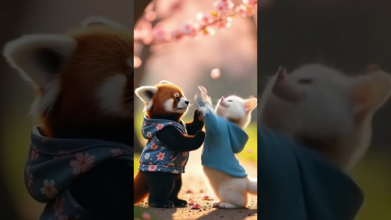 Red Panda & White Kitten’s Sweetest Moment Under Cherry Blossoms! 🌸🐾❤️#shorts #subscribe