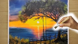 How to Paint a Landescap whit Sunset Step by Step/ Idea Acrylic Painting for Begnners