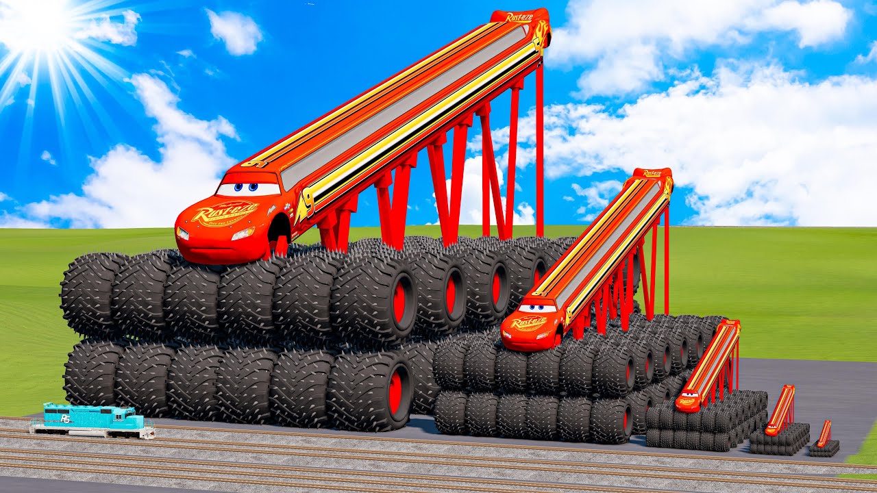 Big & Small, Long & Tall Lightning Mcqueen with Monster Truck Wheels vs Thomas Trains | BeamNG.Drive