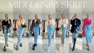 DENIM MIDI SKIRT SPRING OUTFIT IDEAS, 17 WAYS TO WEAR FOR SPRING & SUMMER! | India Moon