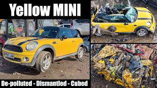 Yellow Petrol Mini 2007 De-Polluted, Dismantled & Cubed | Full Recycling Process SCRAP LOCAL DARWEN