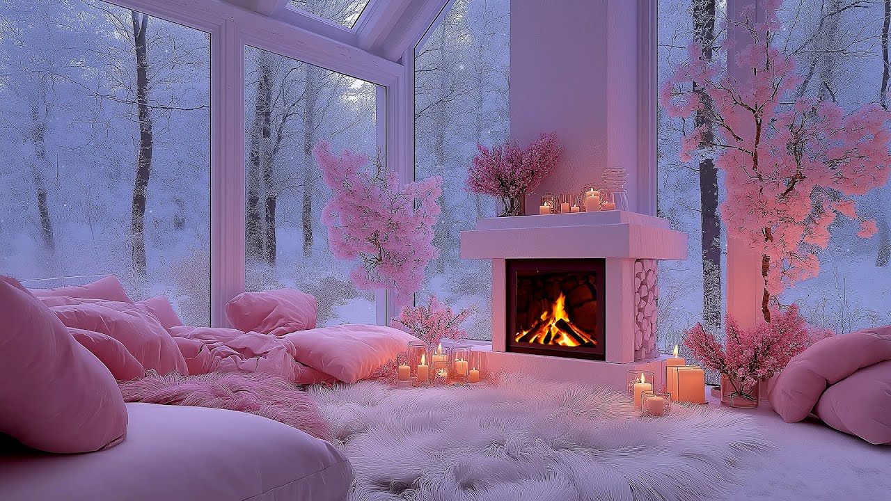 Cozy Pink Winter Cabin Ambiance: 3 Hours of Fireplace Crackling & Heavy Snowfall (No Music)