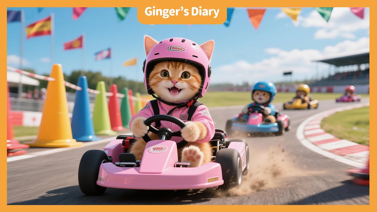 Ginger Joins a Kart Race with Papa Cat to Gift Mama Cat a Robot Vacuum.