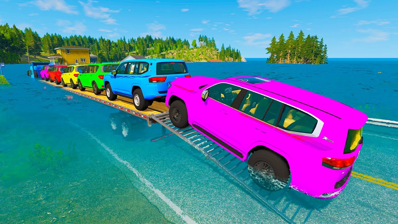 Triple Flatbed Trailer McQueen Transportation with Truck - Speedbumps vs Cars vs Train - BeamNG #9