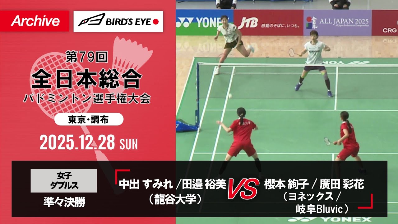 【第79回全日本総合】女子複 準々決勝｜中出すみれ / 田邉裕美（龍谷大学）vs 櫻本絢子（ヨネックス）/ 廣田彩花（岐阜Bluvic）