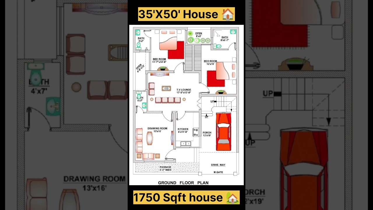 35' X 50' House Plan | 35 by 50 Home Plan | 1750 Sqft Map with 2bhk Parking 