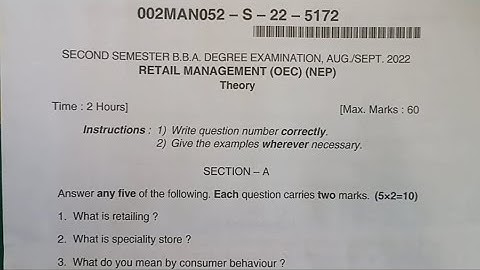 OE Retail Management B.B.A , B.com 2nd Semester NEP Question Paper Aug/Sept 2022 Dharwad University