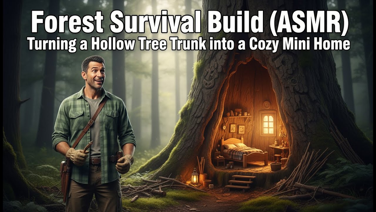 Forest Survival Build (ASMR) | Turning a Hollow Tree Trunk into a Cozy Mini Home