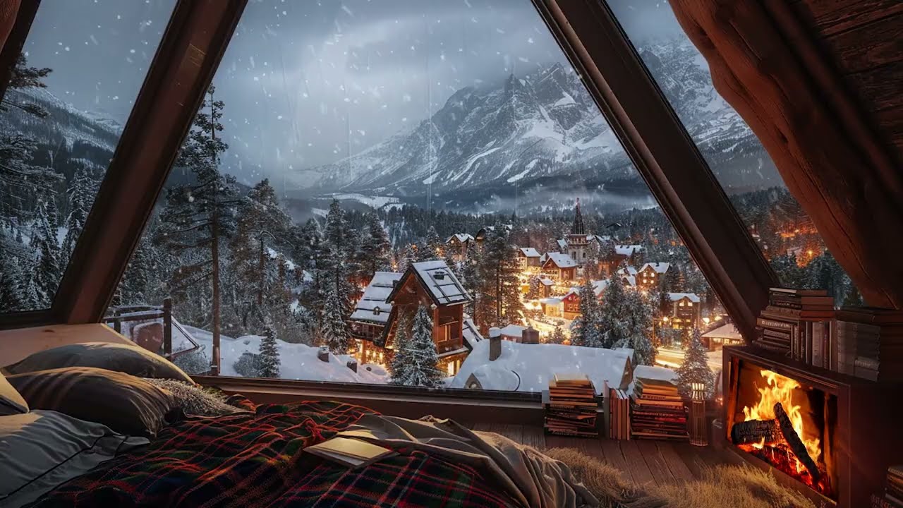 Cozy Snowy Mountain Cabin Fireplace Ambience with Calm Piano Music for Deep Winter Sleep Relaxation