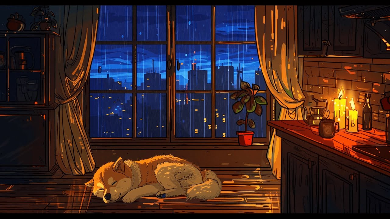 Rainy Night in the City 🌧️ Cozy Kitchen Ambience with Sleeping Akita & Soft Piano