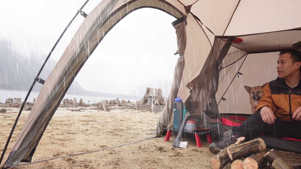 Hot Tent Camping by a Logged Lake | Heavy Rain | Warm Cozy Tent | ASMR