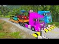 Double Flatbed Trailer Truck vs Speedbumps Train vs Cars | Tractor vs Train Beamng.Drive