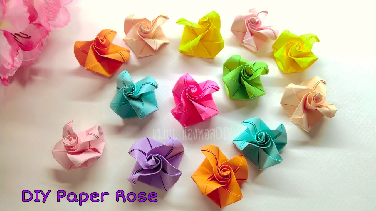 DIY How to make paper flower rose#วิธีพับดอกไม้กระดาษดอกกุหลาบ#แม่เนย น้องพอสDIY