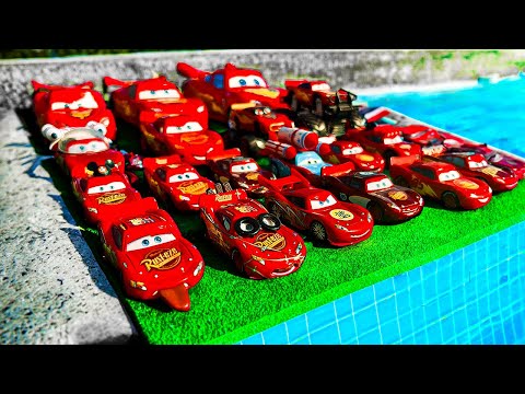 Disney Pixar Cars falling into deep pool, Lightning McQueen, Tow Mater, Mack, Sally, Francesco