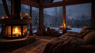 Sleep well in Cozy Cabin with Snowfall and Wind Sounds | Blizzard Ambience with Fireplace