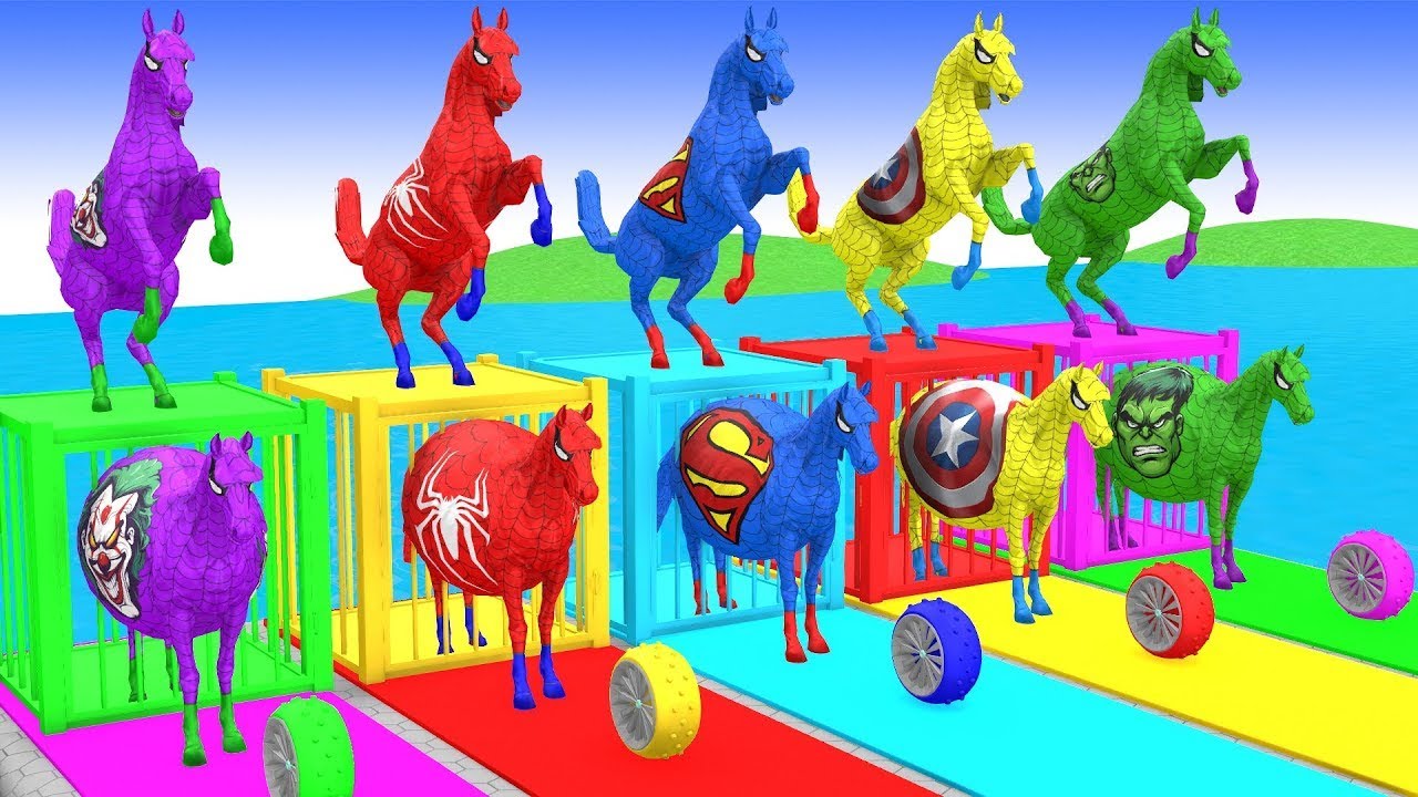 RED HORSE SPIDERMAN CROSSING FOUNTAIN ON  Spiral Bridge Stunt Rid AGAINST SHARKS RESCUE ANIMALS GAME