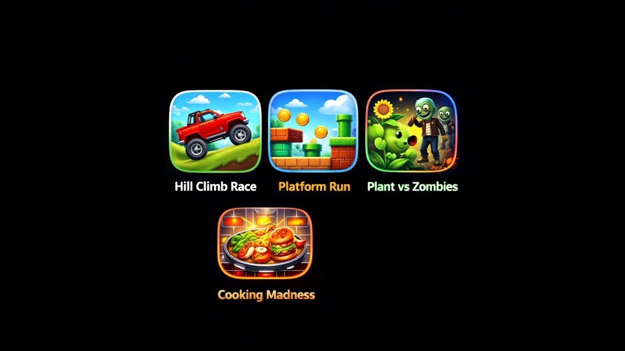 Hill Climb Racing, Super Mano Bros Run,  Cooking Madness, Plants vs Zombies Free