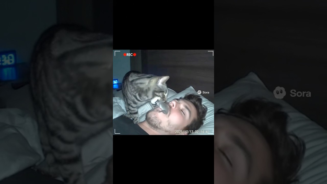 Cat puts mouse in owner’s mouth 🐭 Want to make Al video like this? 🔗 Link in bio 