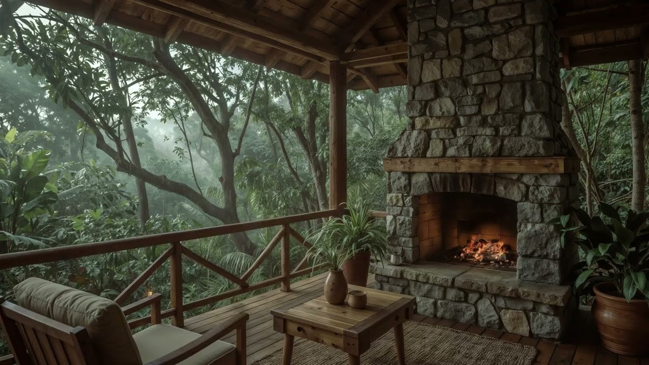 Rainy Forest Cabin Veranda (30 Minutes) - 4K Static Loop: Stone Fireplace & Mountain Mist