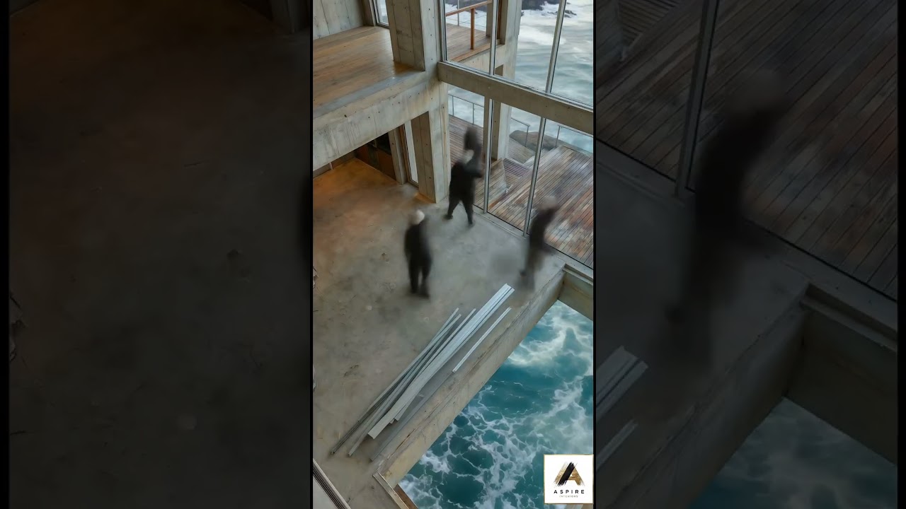 Glass Floor Over Pacific Ocean  Teak & Travertine Luxury Living Room