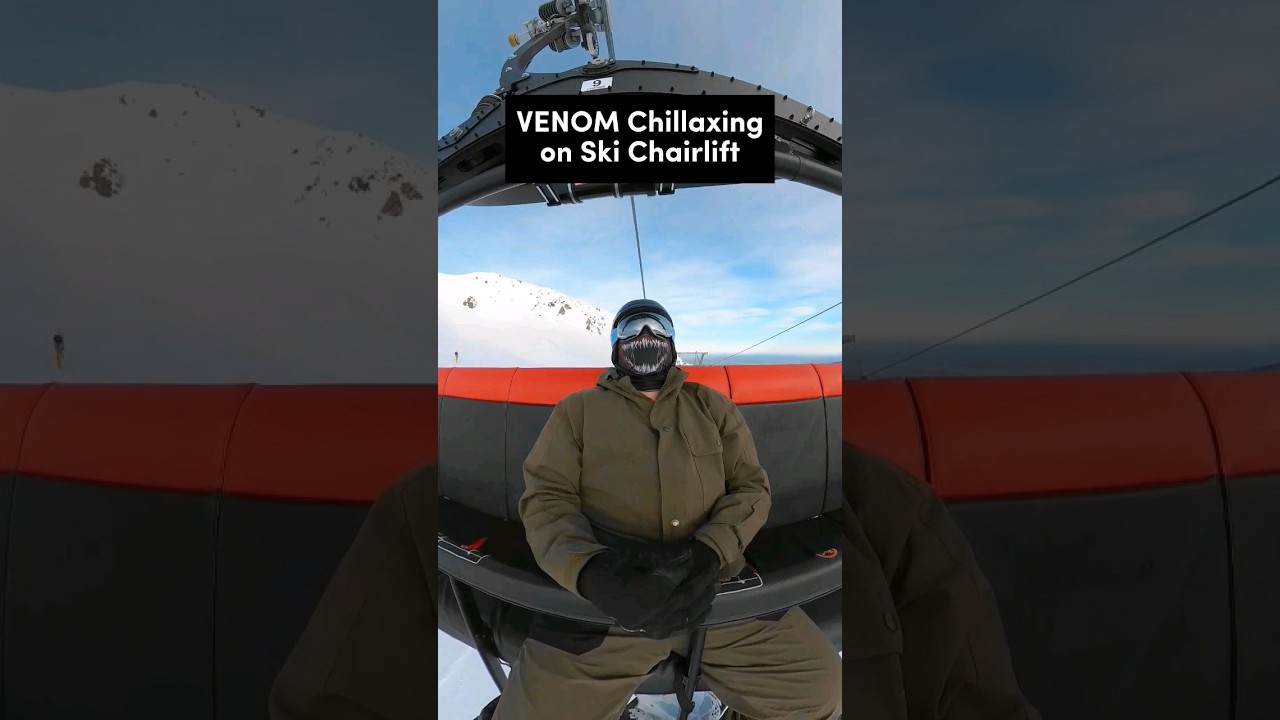 Venom Chillaxing on Ski Chairlift and Snowboarding on Mount Hutt Ski Field, Methven, New Zealand