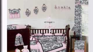 Pink and Black Damask Sophia Girl 9pc Crib Bedding Set