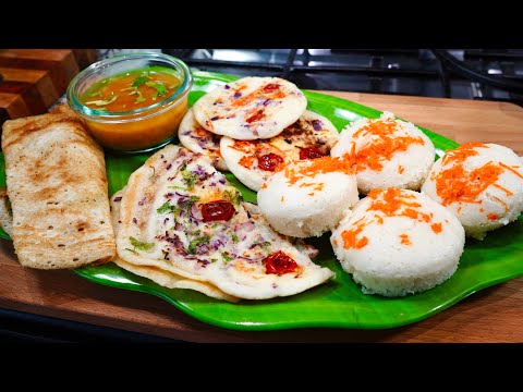 Fermented idli-dosa batter, made into idli, uthappam and dosa, from the video