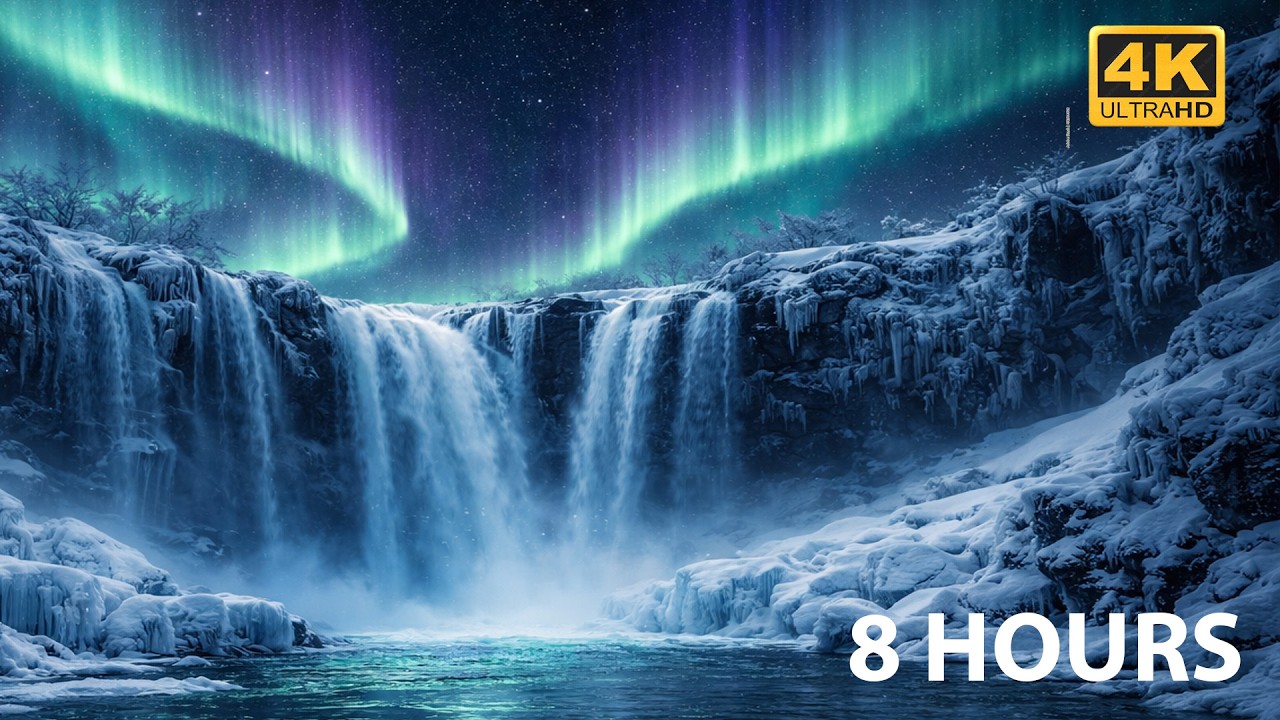 Winter Waterfall & Northern Lights 4K ❄️ Relaxing River Sounds (8 Hours)