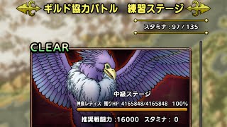 【ＤＱタクト(高凸向け)】超巨大ボスバトル「神鳥レティス」ギルド協力バトル(練習ステージ)「中級」を1回でクリア