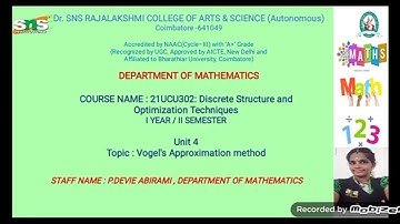 P.DEVIE ABIRAMI | ASSISTANT PROFESSOR | MATHEMATICS | VAM METHOD  | SNS INSTITUTIONS