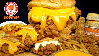 ASMR MUKBANG POPEYES CHICKEN SANDWICH, FRIED CHICKEN, NUGGETS, MAC N CHEESE & FRIES | WITH CHEESE
