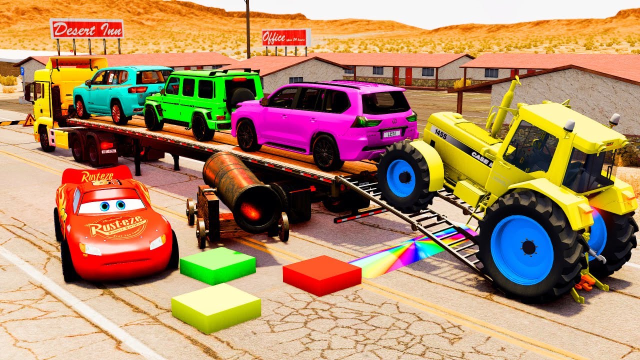 Flatbed Truck McQueen | Transportation with Truck - Pothole vs Car #51 | BeamNG.Drive Gameplay