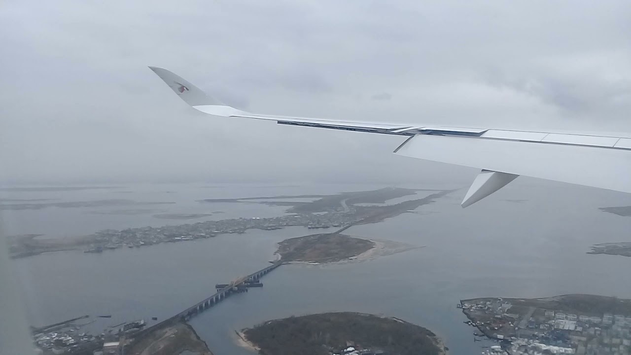 Doha Qatar to New York JFK, A350 view landing by Qatar Airways, April