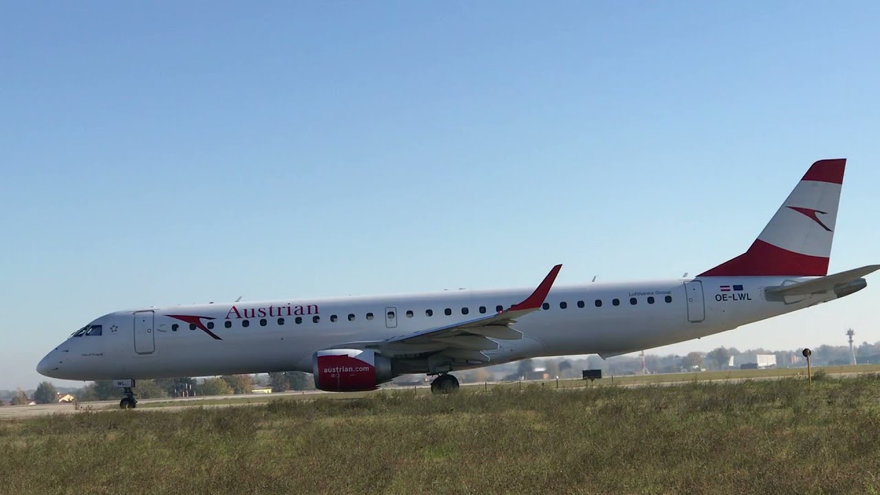 Austrian Airlines Embraer 195LR OE-LWL take off BLQ airport 