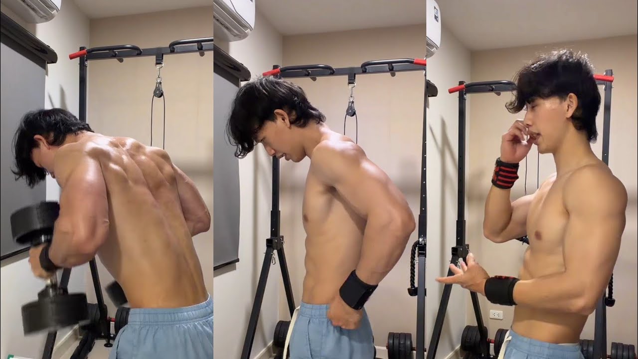 Asian guy doing home workout routine