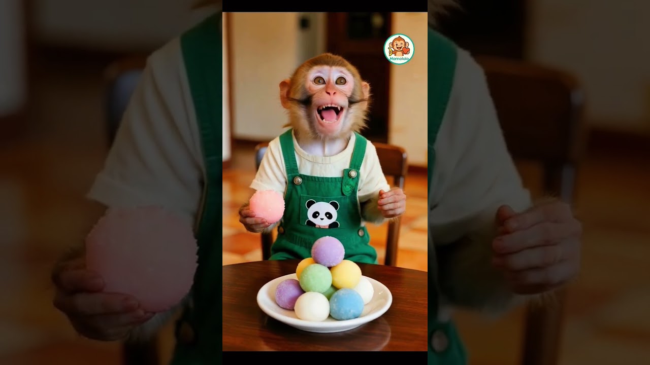 Cute Monkey Eats Pink Mochi for the First Time! 🐒🍡😂 モンキーがピンク餅を食べる！