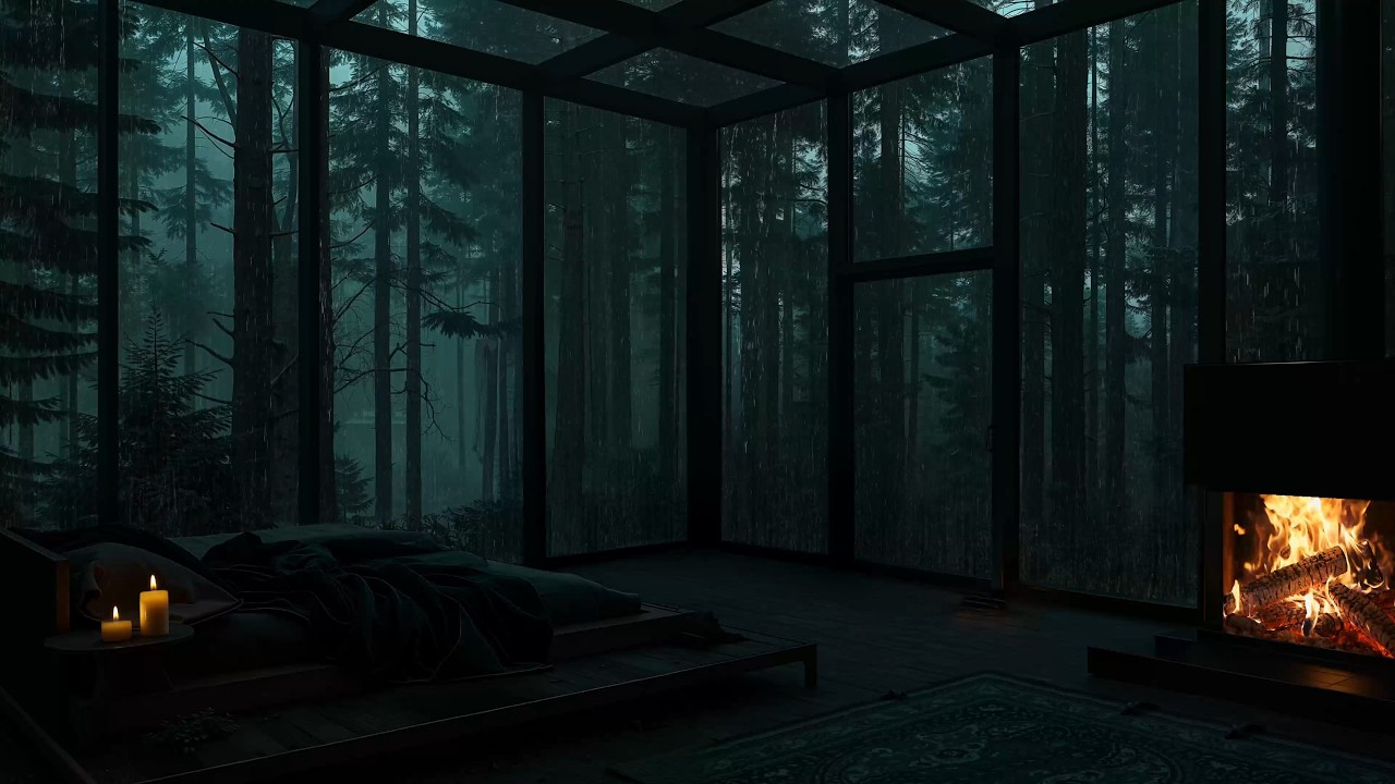 Rainy Night Ambiance in Glass Cabin 🌧️ Cozy Fireplace & Forest Rain Sounds for Deep Sleep