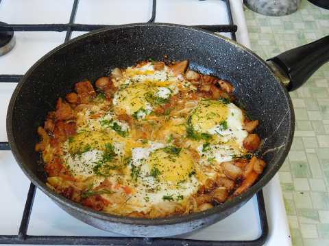 COUNTRY-STYLE SCRAMBLED EGGS IN LARD with onions and tomatoes.
