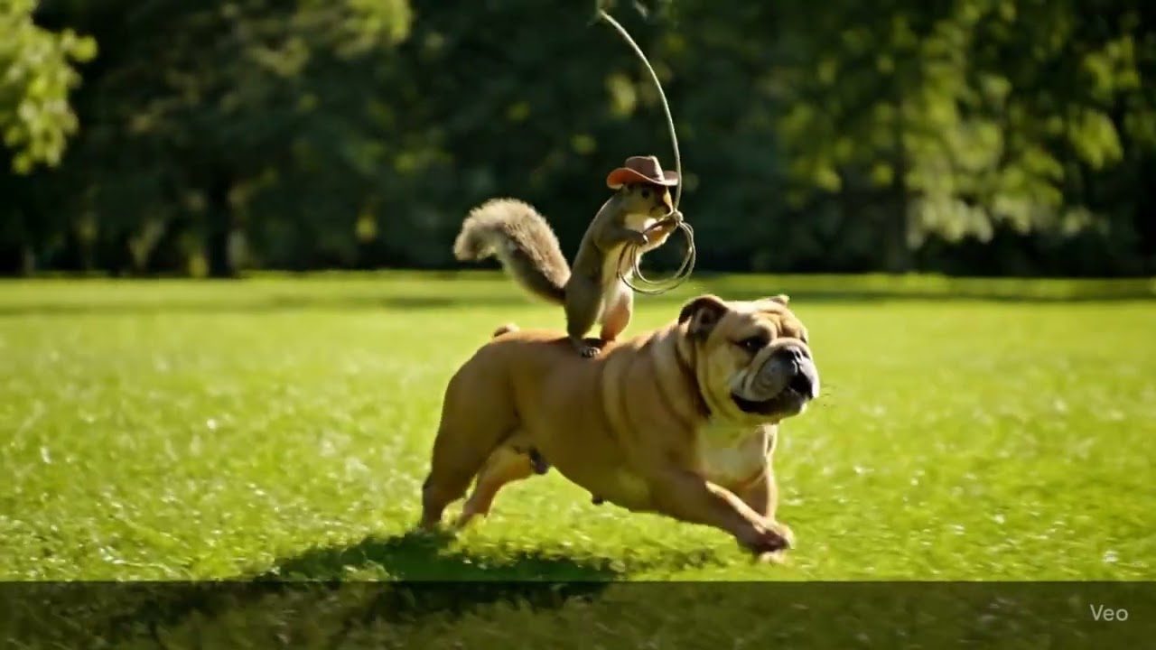 Funny Squirrel rides a dog like a cowboy in a park 
