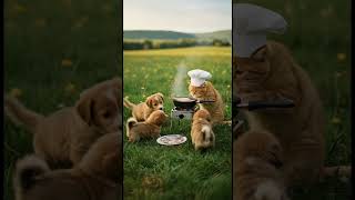 “Chef Cat’s Delicious Adventure: Cooking Gourmet Meals for Adorable Puppies in a Green Field!” 🍽️🐾🌾