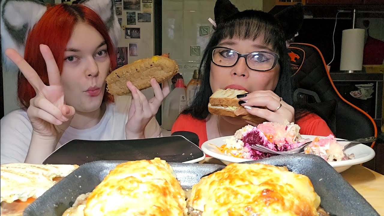 Мукбанг | Мясо по-французки,Хот-дог,Селёдка под шубой, Сэндвичи с сёмгой | Обжор Асмр