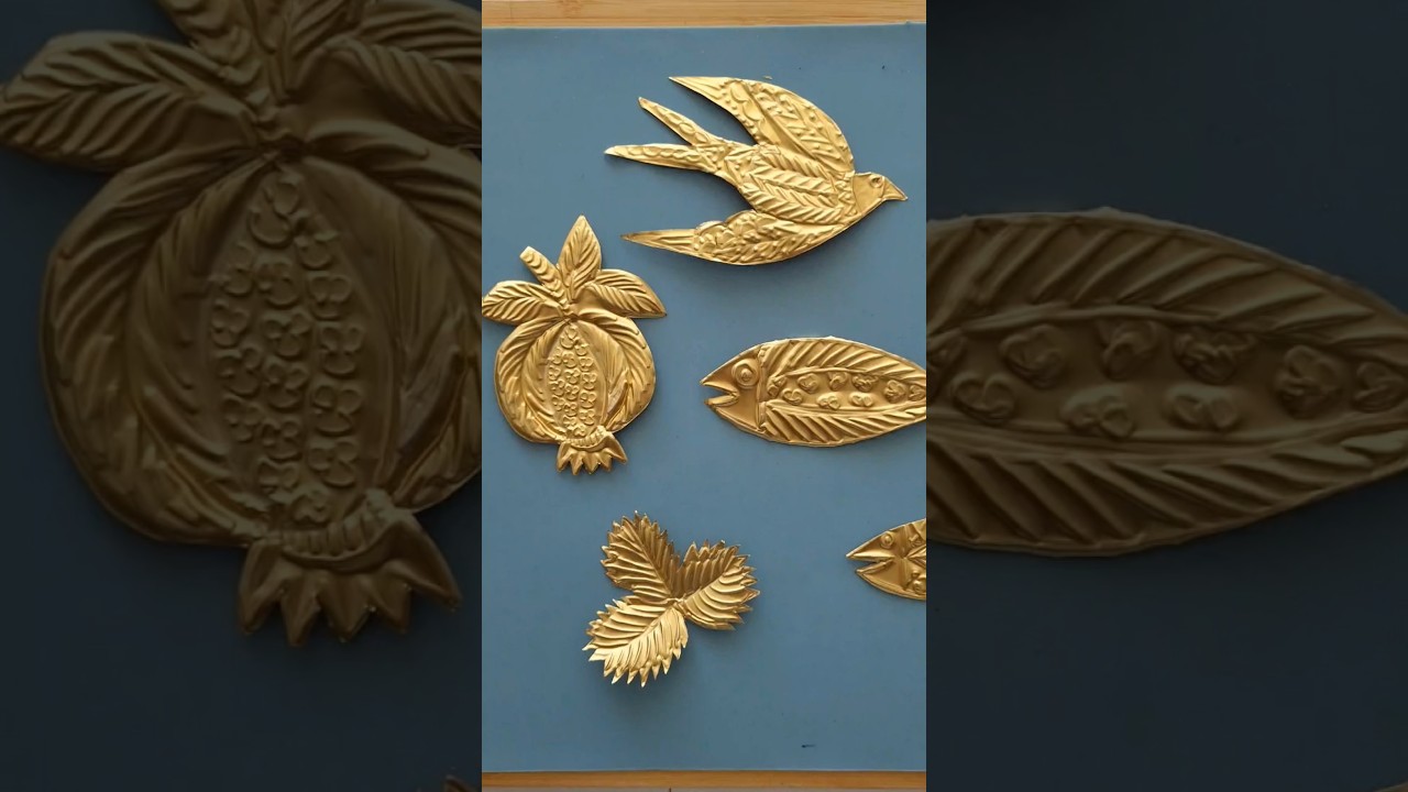 DIY Tutorial - metal embossing foil pomegranate (gold) #metalembossedart #embossing